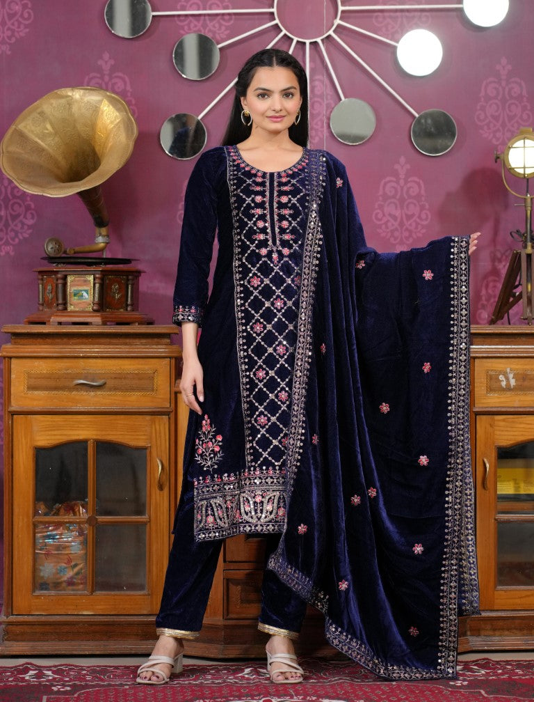 Lehenga Mart Designer Velvet Suit With Sequence Embroidered Work - Navy Blue - Distacart