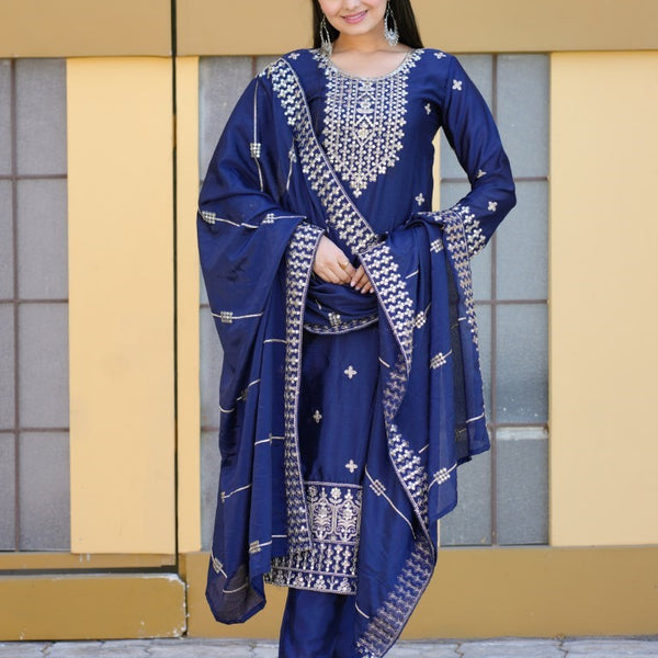 Lehenga Mart Designer Chinon Suit With Coding Sequence Embroidered Work - Blue - Distacart