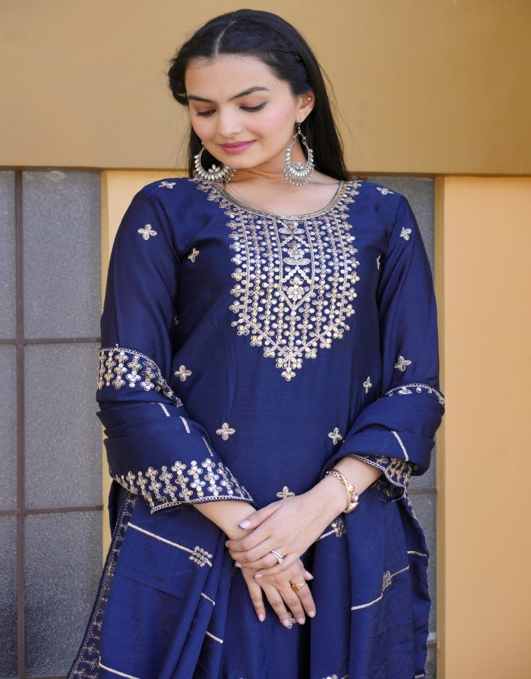 Lehenga Mart Designer Chinon Suit With Coding Sequence Embroidered Work - Blue - Distacart
