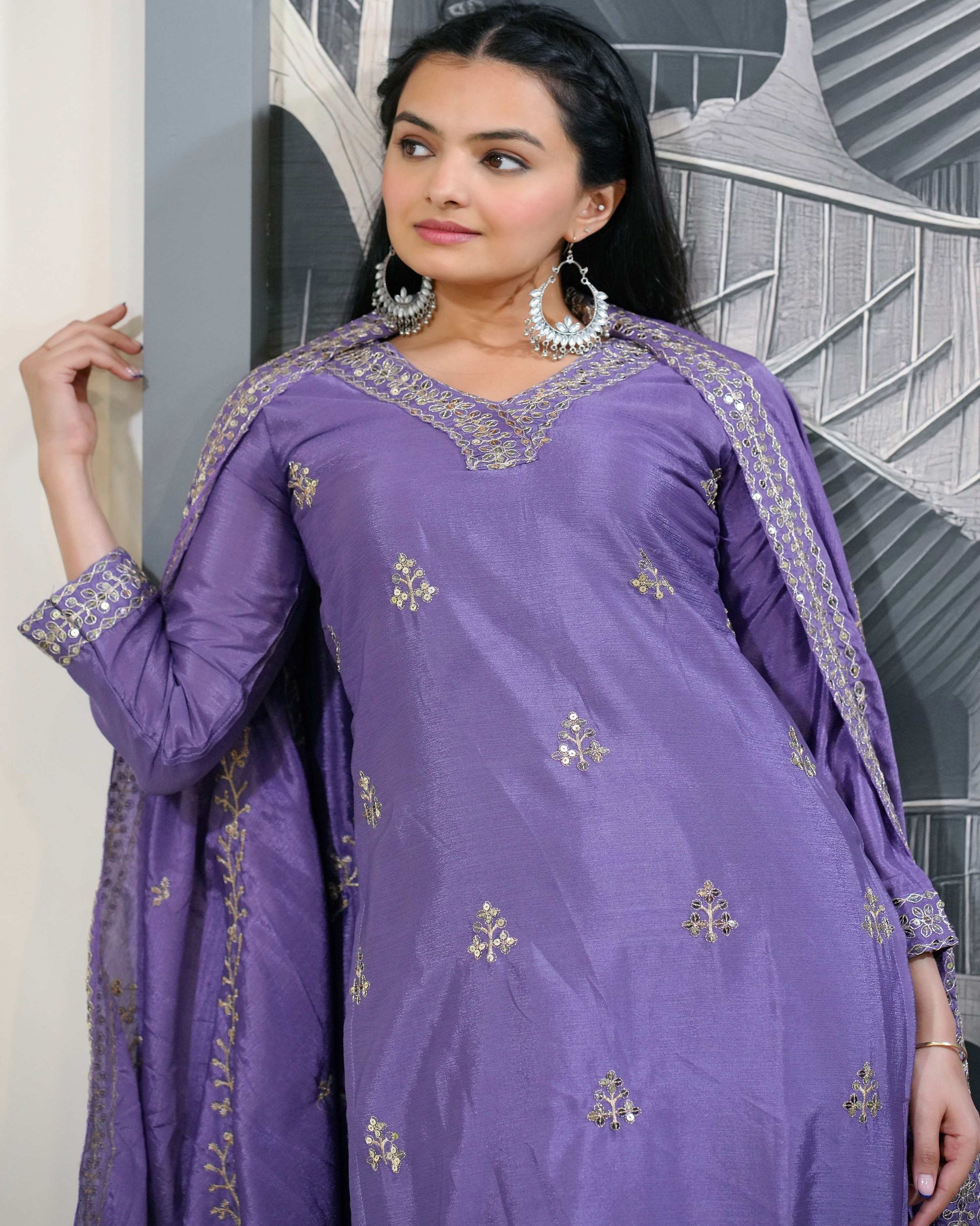 Lehenga Mart Designer Chinon Suit With Sequence Embroidered Work - Lavender - Distacart