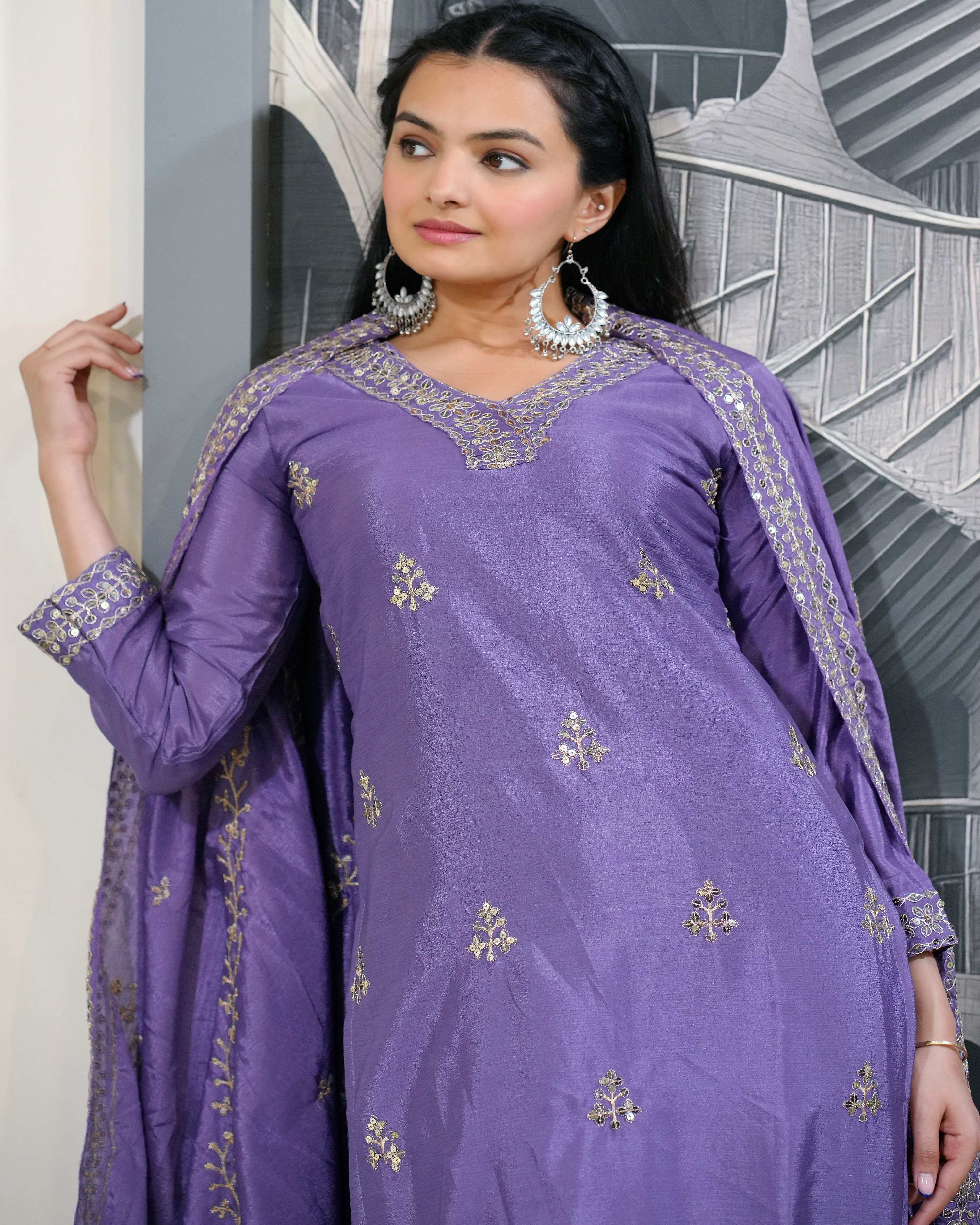 Lehenga Mart Designer Chinon Suit With Sequence Embroidered Work - Lavender - Distacart