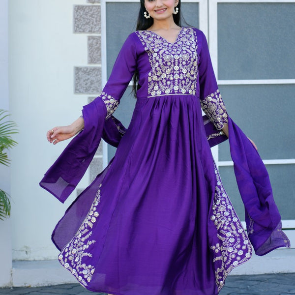 Lehenga Mart Designer Chinon Gown With Sequence Embroidered Work - Blue - Distacart