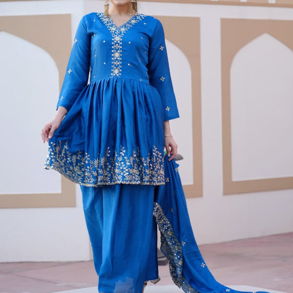 Lehenga Mart Designer Chinon Sharara Suit With Sequence Embroidered Work - Blue - Distacart