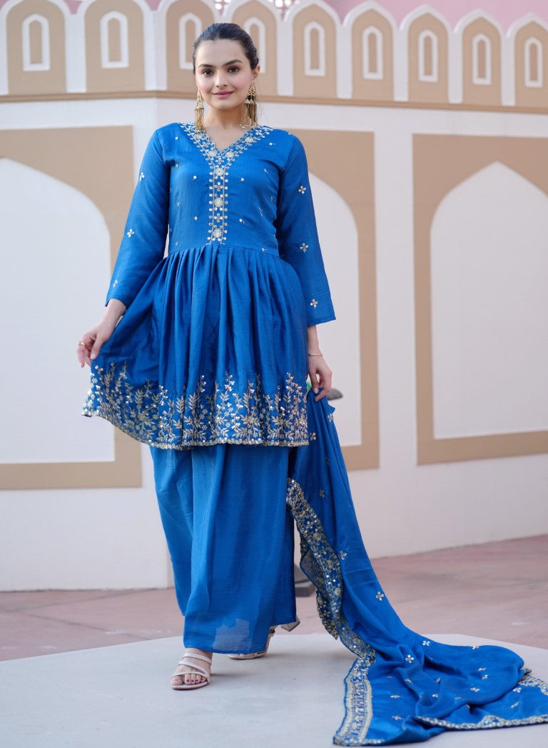 Lehenga Mart Designer Chinon Sharara Suit With Sequence Embroidered Work - Blue - Distacart