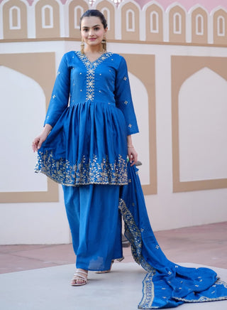 Lehenga Mart Designer Chinon Sharara Suit With Sequence Embroidered Work - Blue - Distacart