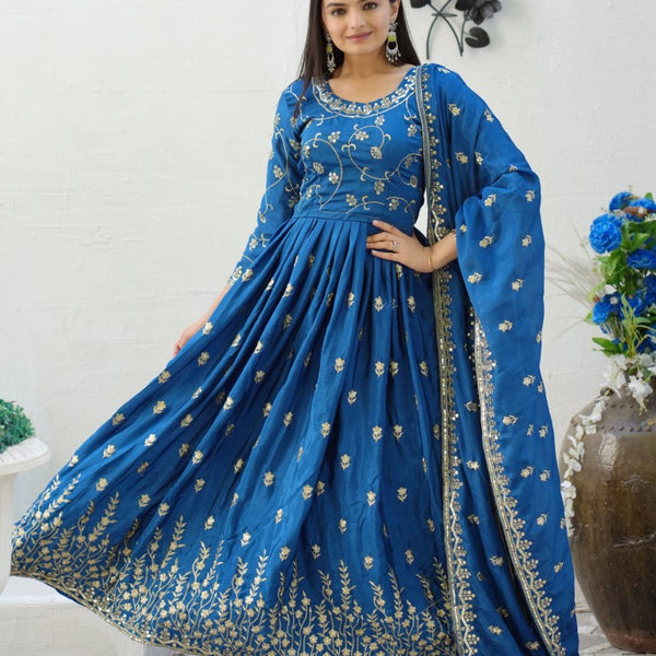 Lehenga Mart Designer Chinon Gown With Sequence Embroidered Work - Blue - Distacart