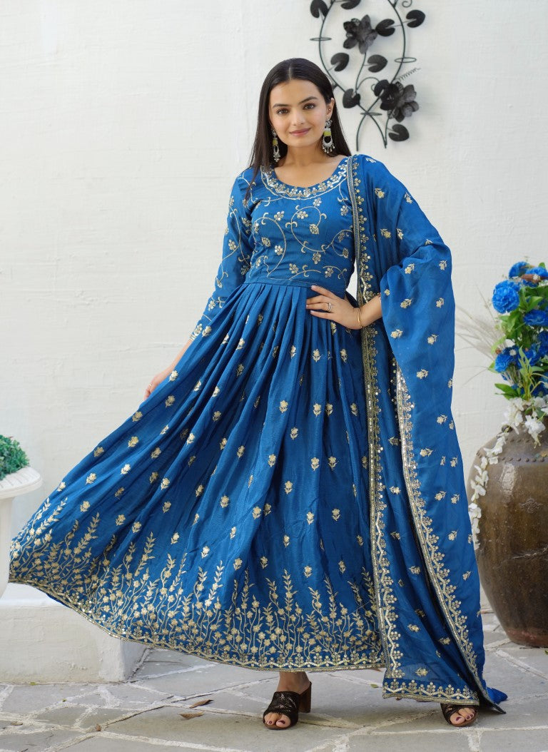 Lehenga Mart Designer Chinon Gown With Sequence Embroidered Work - Blue - Distacart