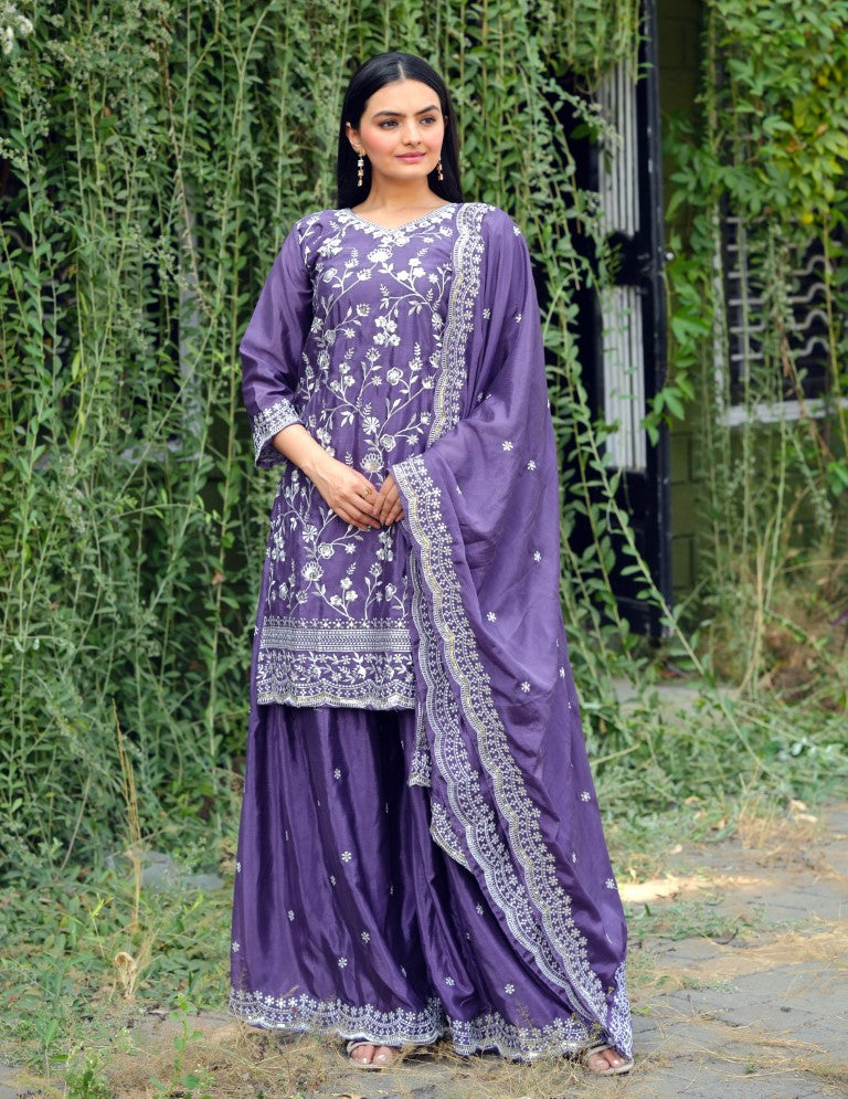 Lehenga Mart Designer Chinon Sharara Suit With Sequence Embroidered Work - Blue - Distacart