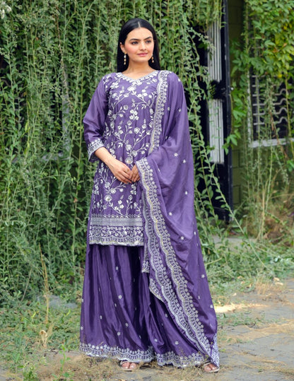 Lehenga Mart Designer Chinon Sharara Suit With Sequence Embroidered Work - Blue - Distacart