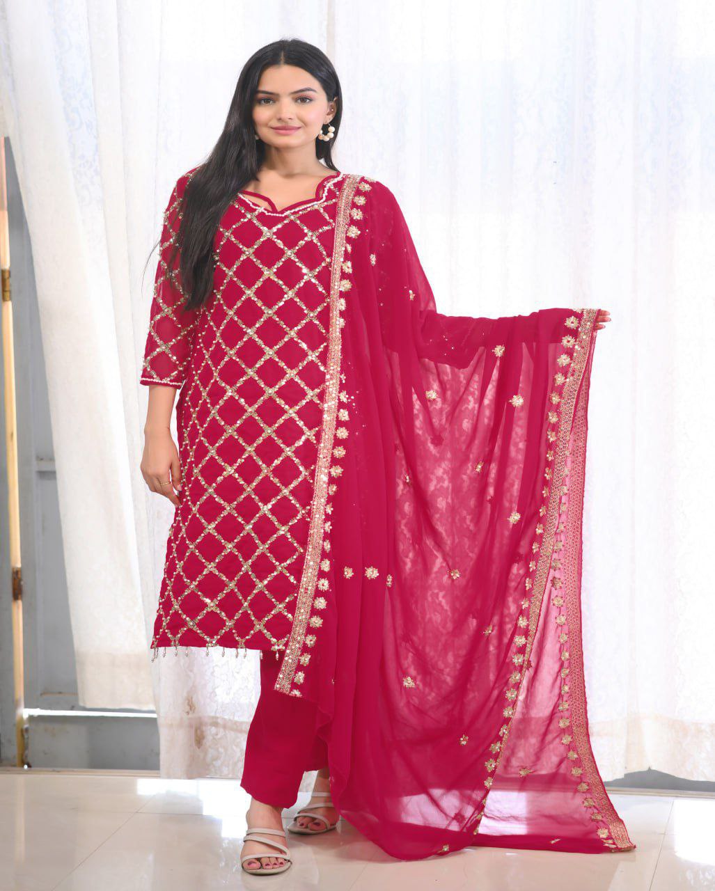 Lehenga Mart Designer Faux Georgette Suit With Sequence Embroidered Work With Rivet Moti - Pink - Distacart