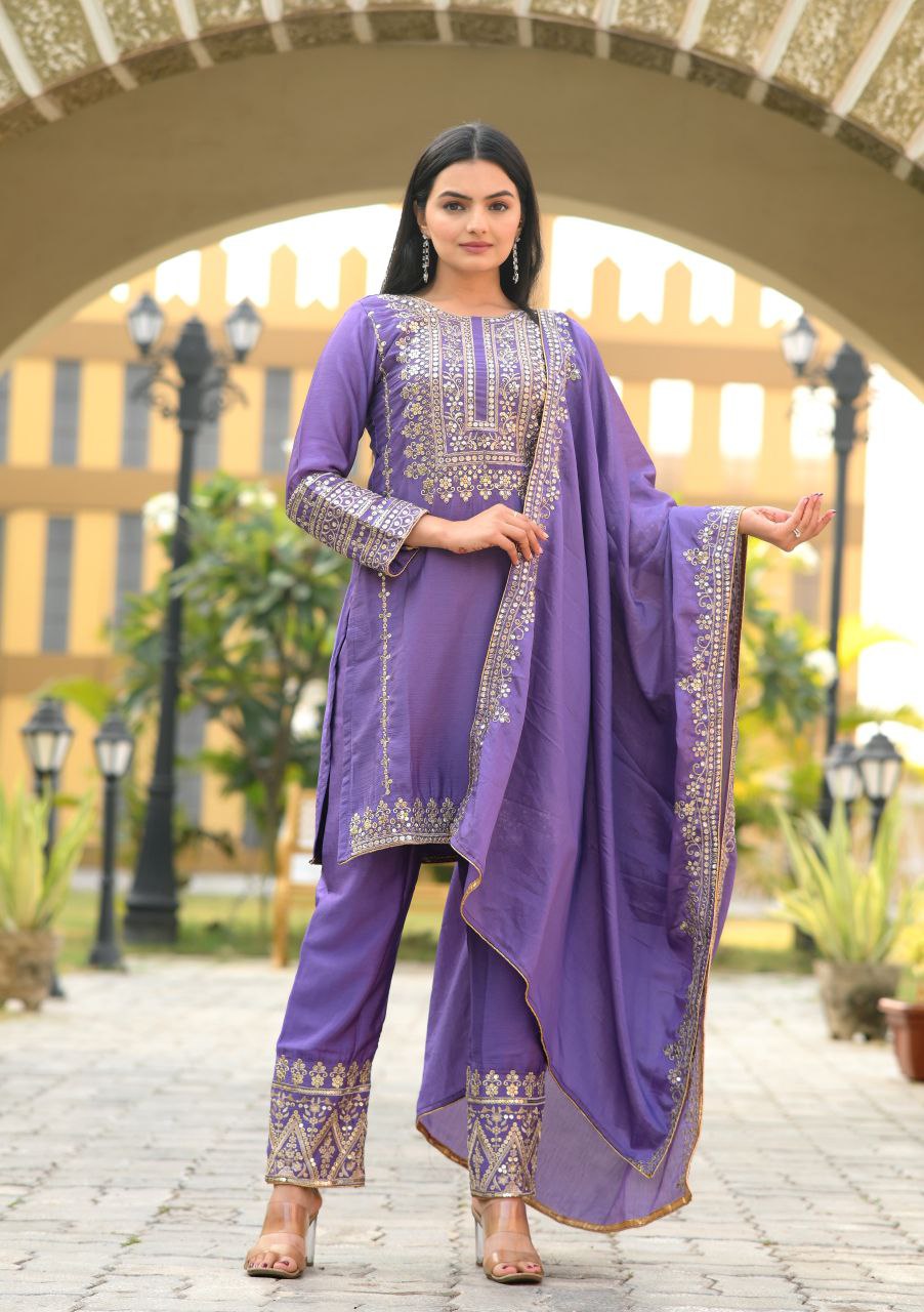 Lehenga Mart Designer Chinon Suit With Sequence Embroidered Work - Lavender - Distacart