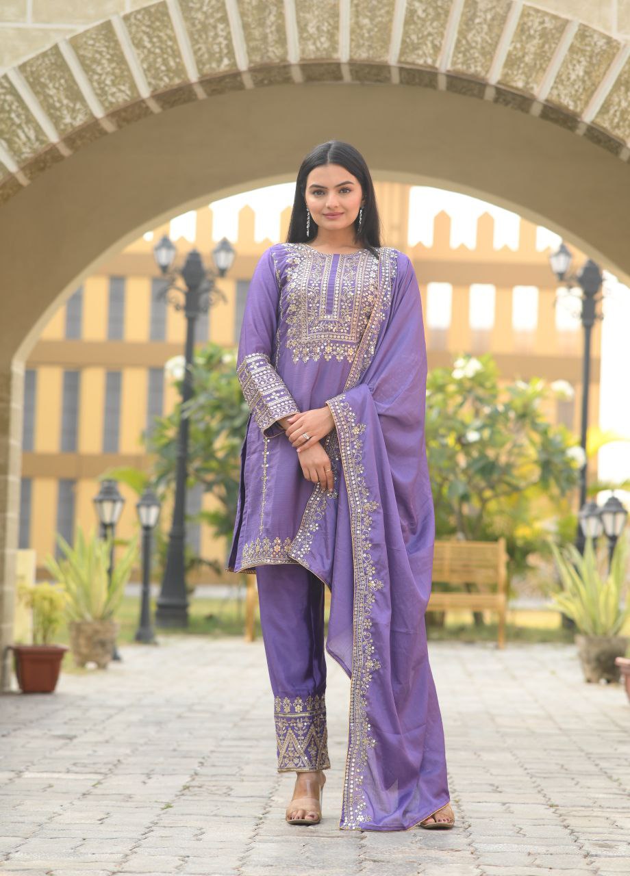 Lehenga Mart Designer Chinon Suit With Sequence Embroidered Work - Lavender - Distacart