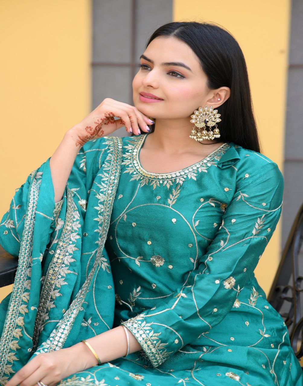 Lehenga Mart Designer Chinon Suit With Sequence Embroidered Work - Green - Distacart