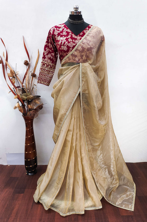 Teeya Creation Chiku Color Gold Crush Tissue Saree With Lace Border - Distacart