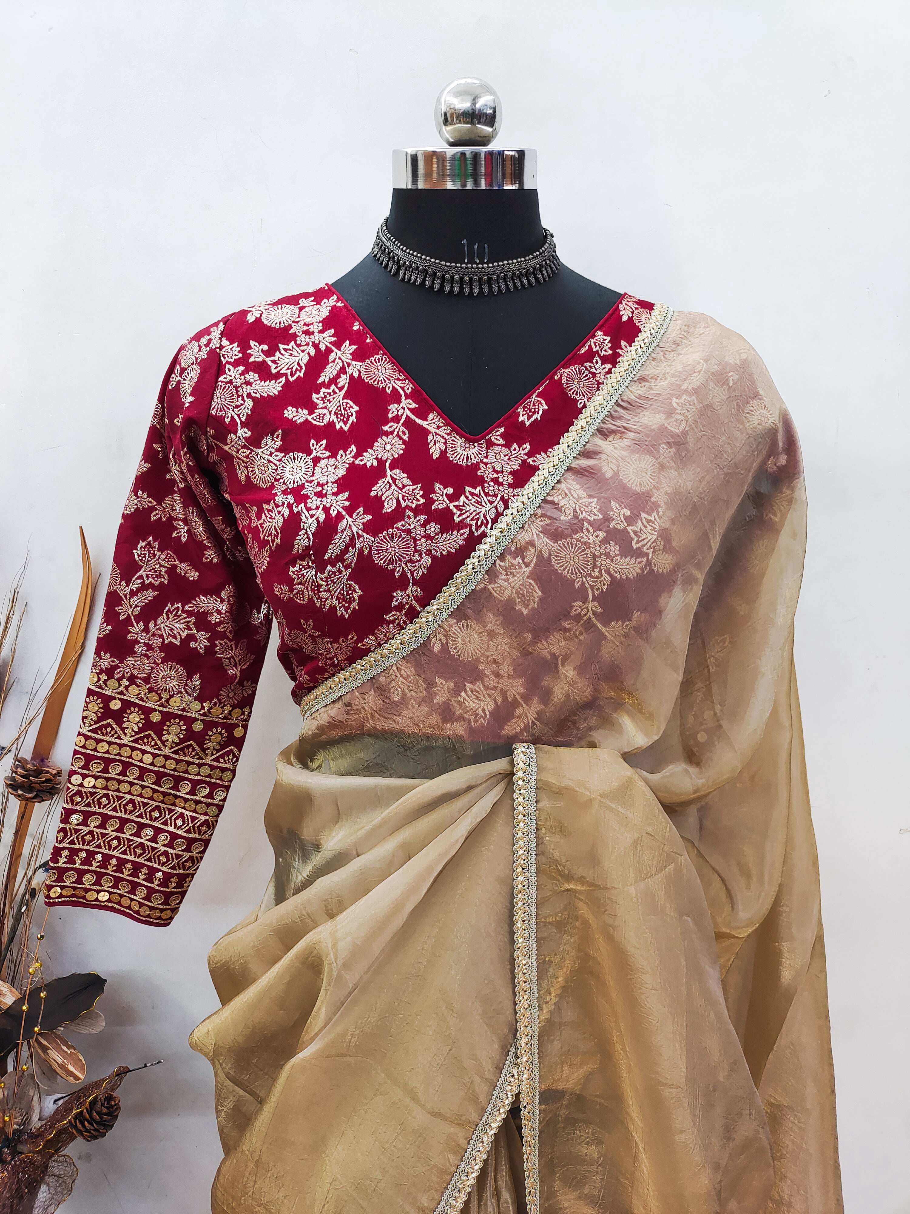 Teeya Creation Chiku Color Gold Crush Tissue Saree With Lace Border - Distacart