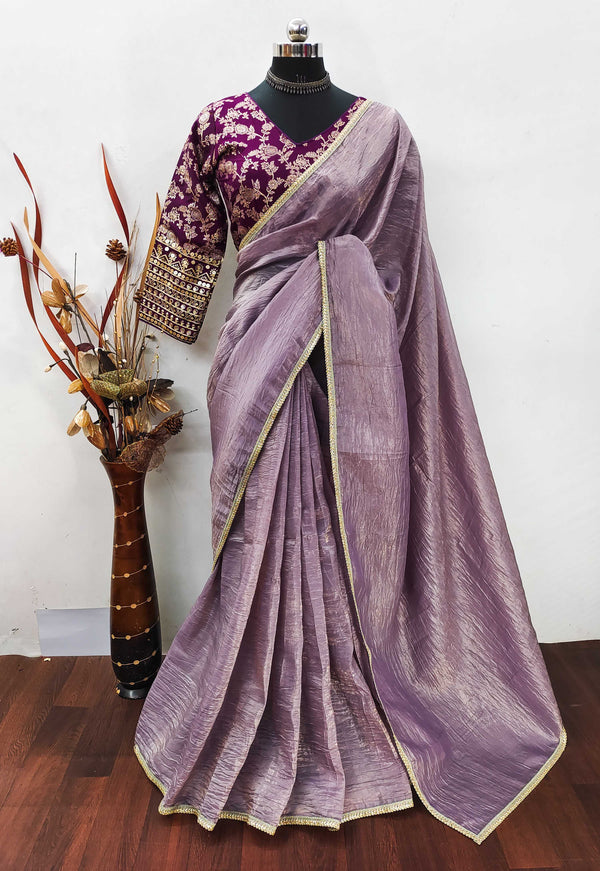 Teeya Creation Onion Color Gold Crush Tissue Saree With Lace Border - Distacart