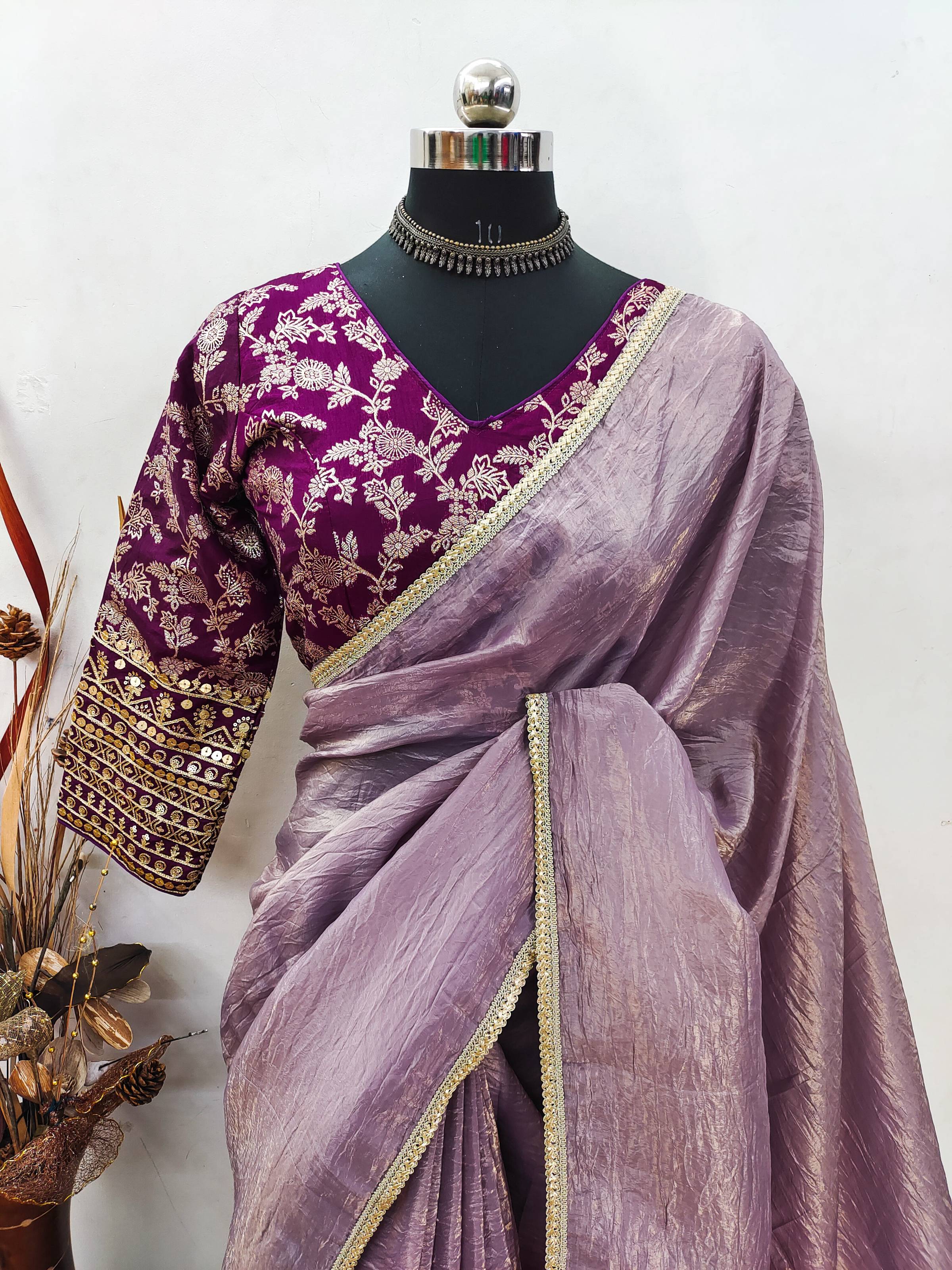 Teeya Creation Onion Color Gold Crush Tissue Saree With Lace Border - Distacart