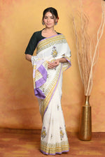 Thumbnail for Very Much Indian Handblock Printed Cotton Saree With Natural Dyes - White - Distacart