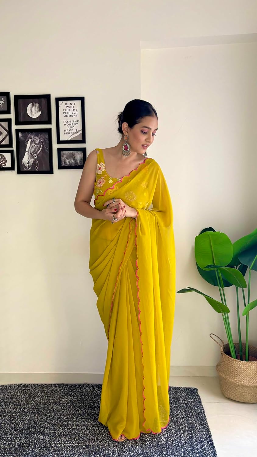 Vamika Embroidery Mustard Georgette Bollywood Saree - Distacart