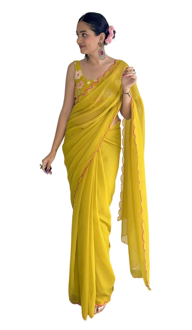 Vamika Embroidery Mustard Georgette Bollywood Saree - Distacart