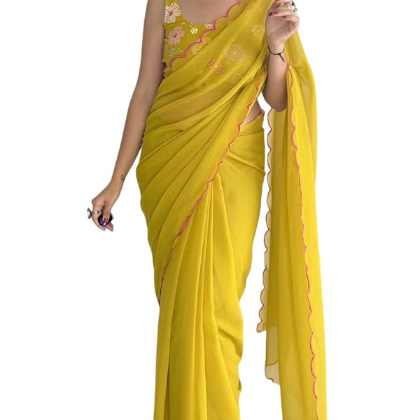 Vamika Embroidery Mustard Georgette Bollywood Saree - Distacart