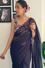 Thumbnail for Vamika Embroidery Navy Blue Georgette Bollywood Saree - Distacart