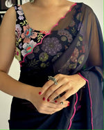Thumbnail for Vamika Embroidery Navy Blue Georgette Bollywood Saree - Distacart
