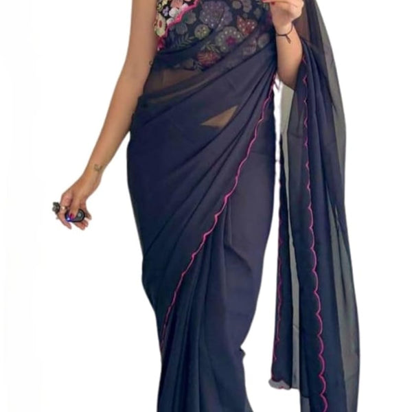 Vamika Embroidery Navy Blue Georgette Bollywood Saree - Distacart