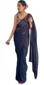 Thumbnail for Vamika Embroidery Navy Blue Georgette Bollywood Saree - Distacart