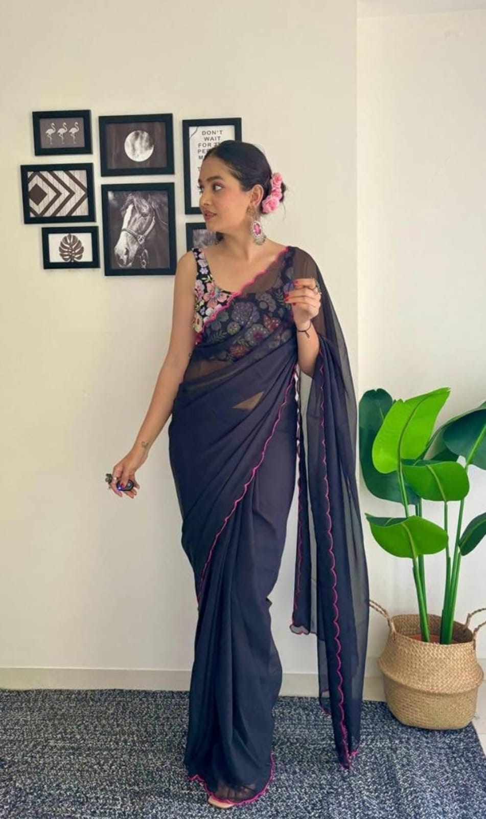 Vamika Embroidery Navy Blue Georgette Bollywood Saree - Distacart