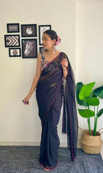 Thumbnail for Vamika Embroidery Navy Blue Georgette Bollywood Saree - Distacart