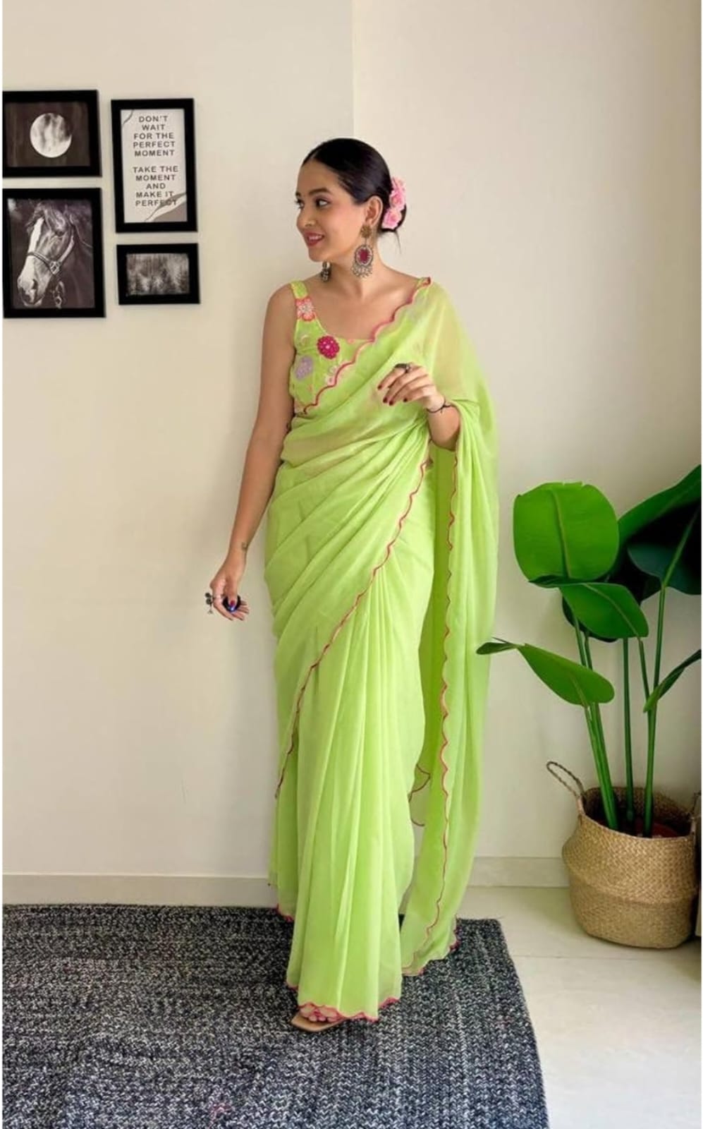Vamika Embroidery Parrot Green Georgette Bollywood Saree - Distacart