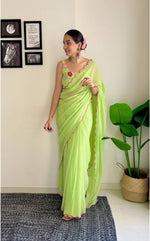Thumbnail for Vamika Embroidery Parrot Green Georgette Bollywood Saree - Distacart