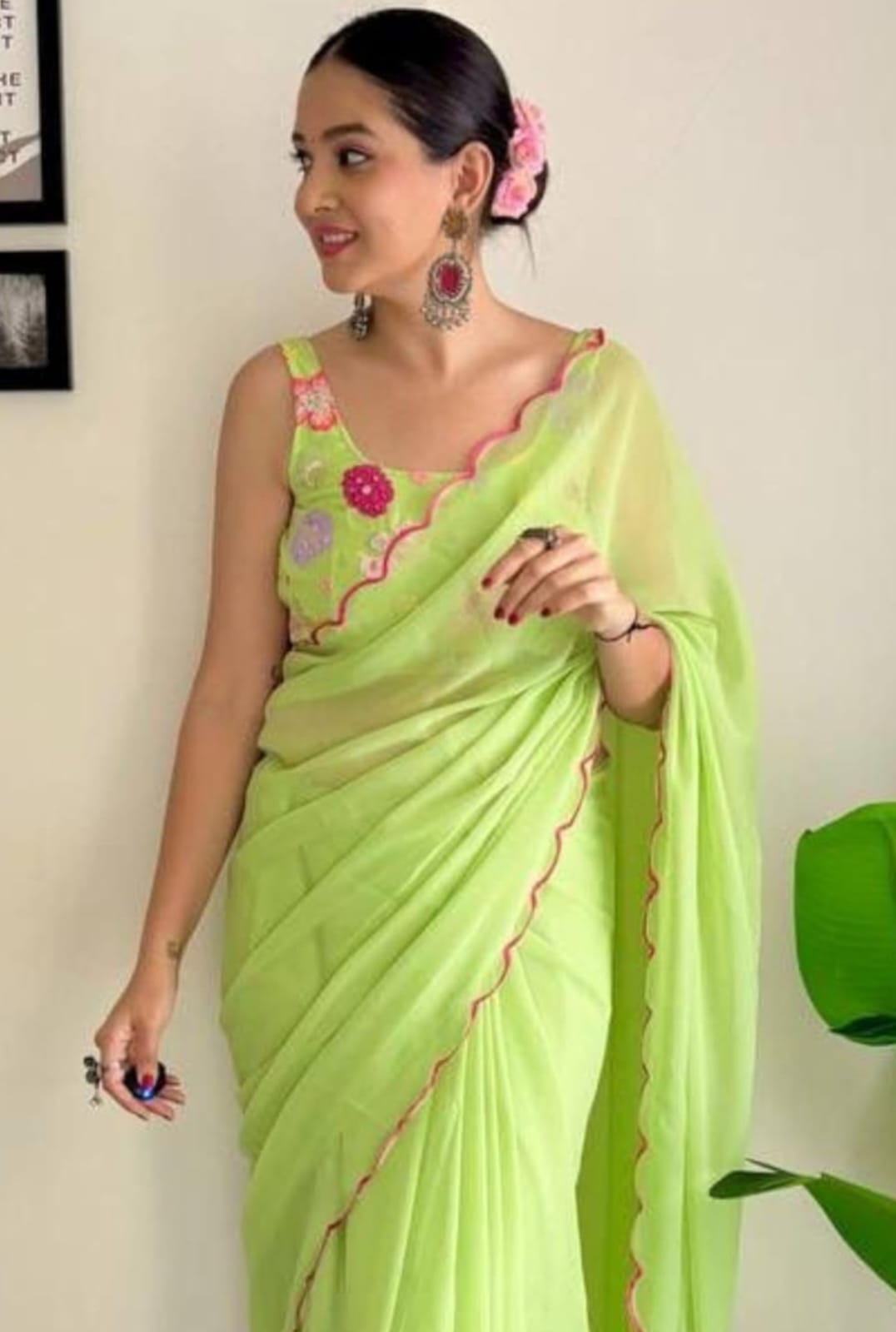 Vamika Embroidery Parrot Green Georgette Bollywood Saree - Distacart