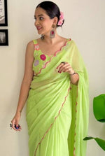 Thumbnail for Vamika Embroidery Parrot Green Georgette Bollywood Saree - Distacart