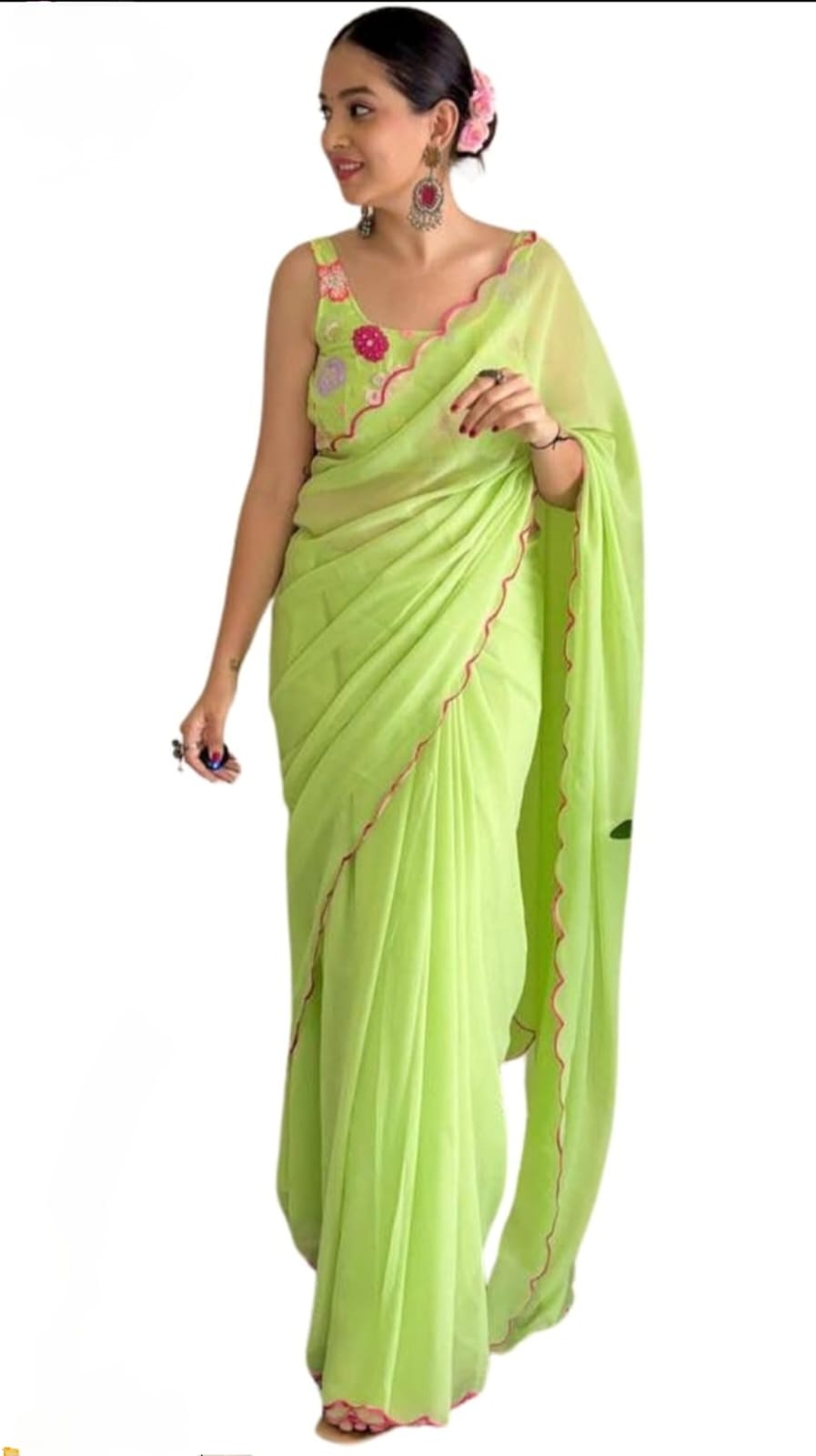 Vamika Embroidery Parrot Green Georgette Bollywood Saree - Distacart