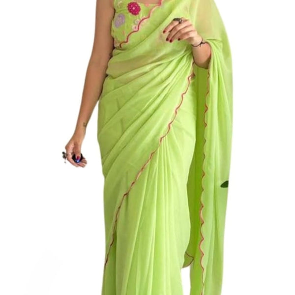 Vamika Embroidery Parrot Green Georgette Bollywood Saree - Distacart