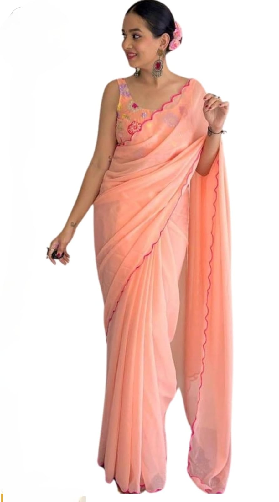 Vamika Embroidery Peach Georgette Bollywood Saree - Distacart