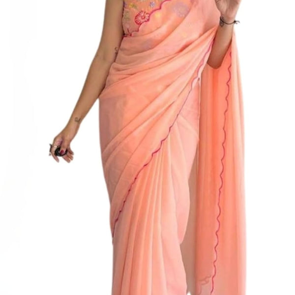 Vamika Embroidery Peach Georgette Bollywood Saree - Distacart