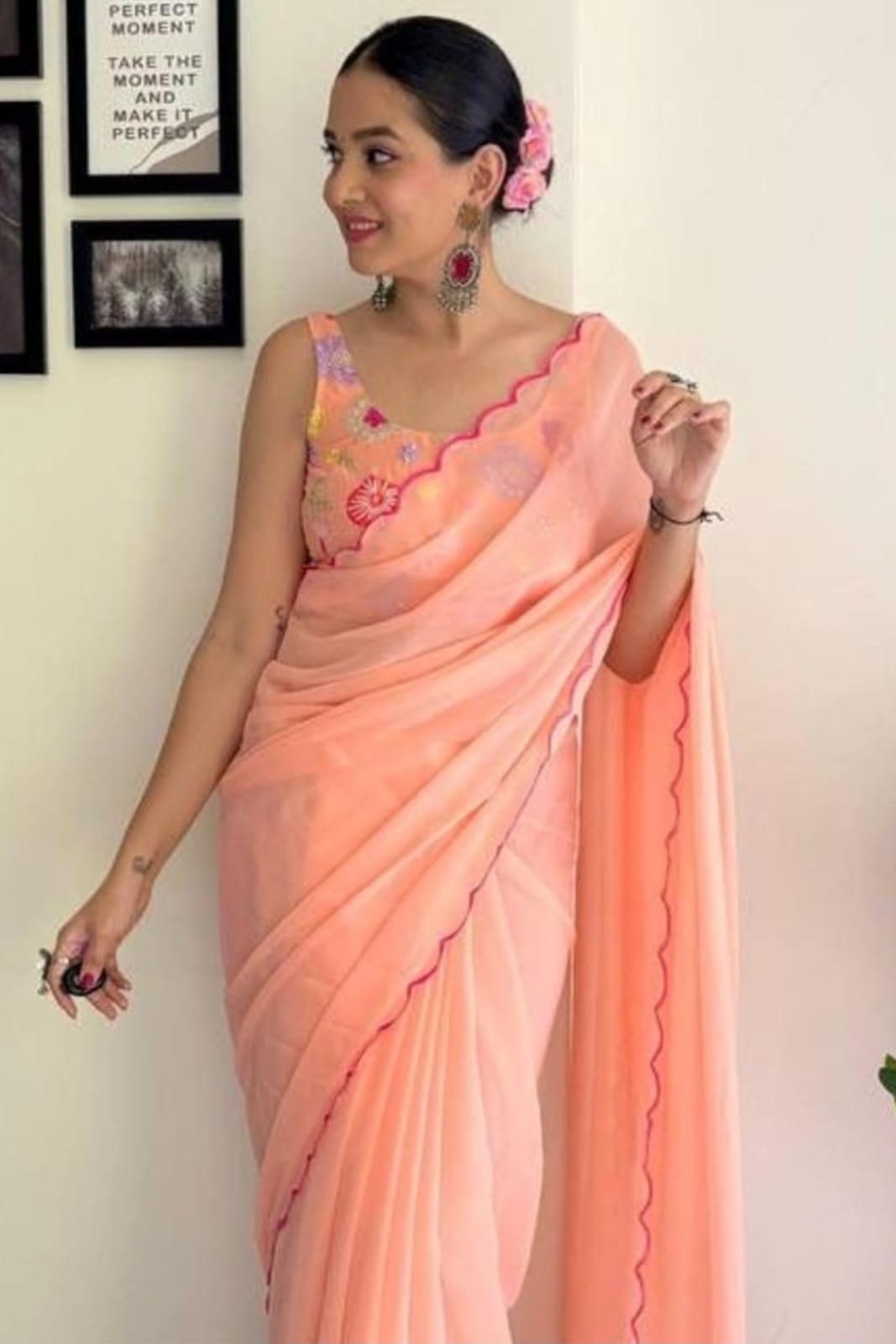 Vamika Embroidery Peach Georgette Bollywood Saree - Distacart