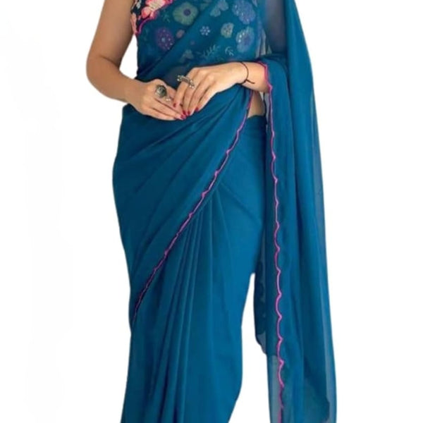 Vamika Embroidery Rama Green Georgette Bollywood Saree - Distacart