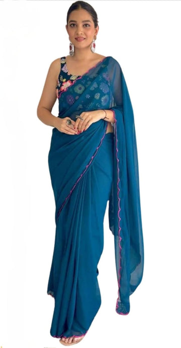 Vamika Embroidery Rama Green Georgette Bollywood Saree - Distacart