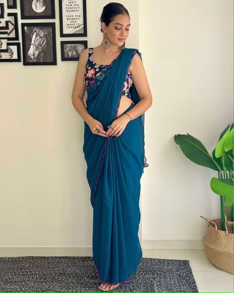 Vamika Embroidery Rama Green Georgette Bollywood Saree - Distacart