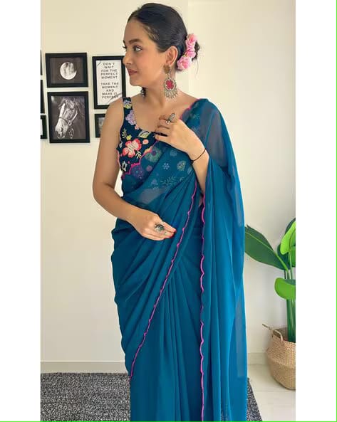 Vamika Embroidery Rama Green Georgette Bollywood Saree - Distacart