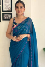 Thumbnail for Vamika Embroidery Rama Green Georgette Bollywood Saree - Distacart