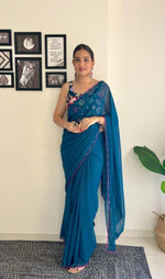 Thumbnail for Vamika Embroidery Rama Green Georgette Bollywood Saree - Distacart