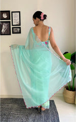 Thumbnail for Vamika Embroidery Sky Blue Georgette Bollywood Saree - Distacart