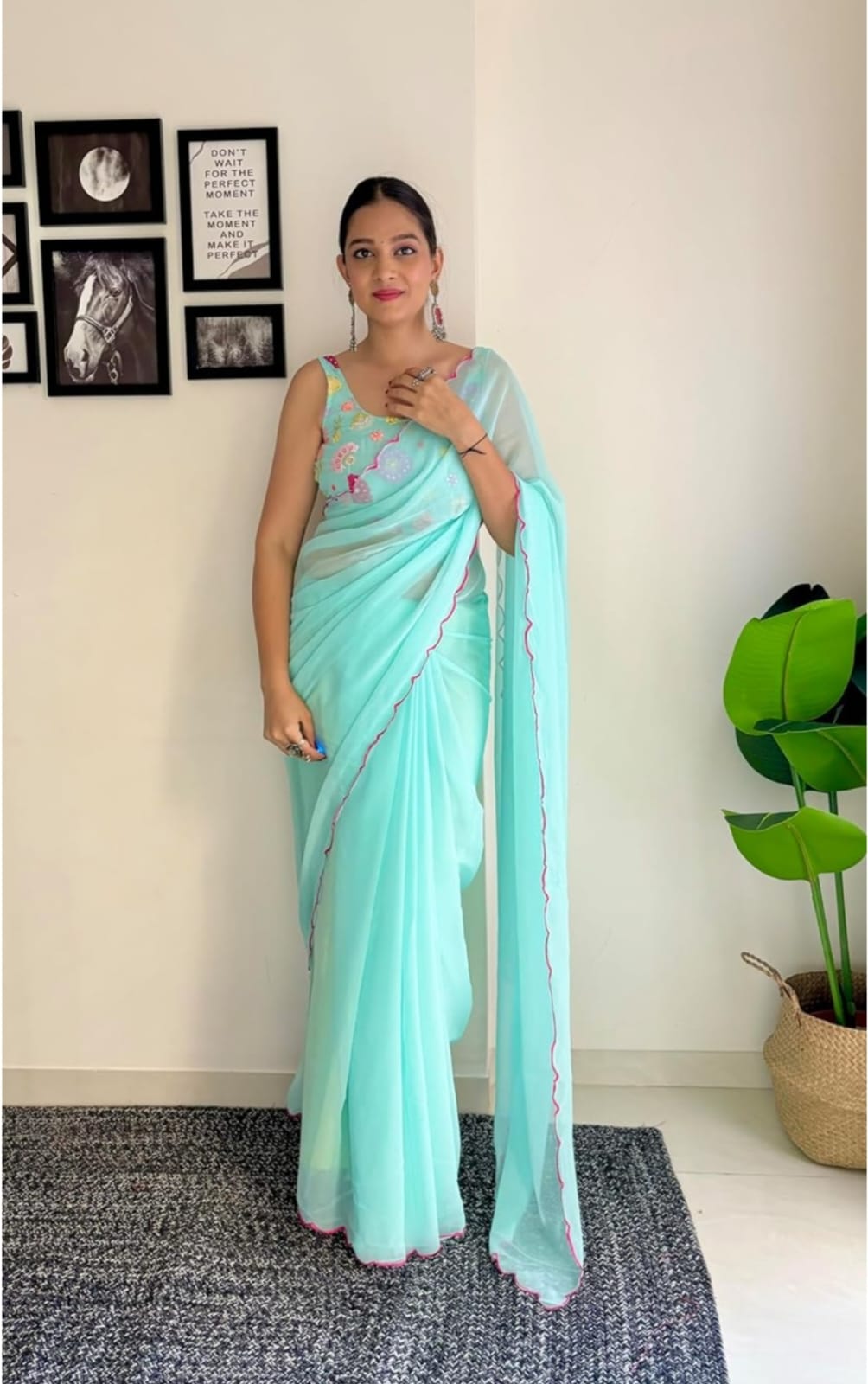 Vamika Embroidery Sky Blue Georgette Bollywood Saree - Distacart