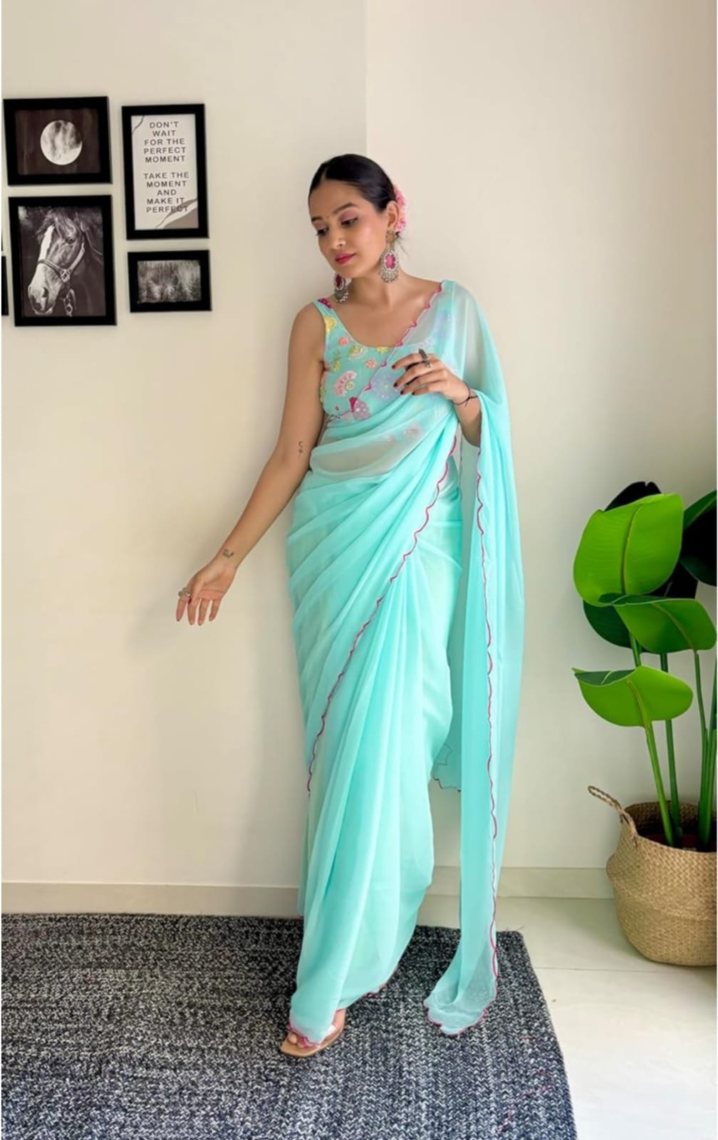 Vamika Embroidery Sky Blue Georgette Bollywood Saree - Distacart