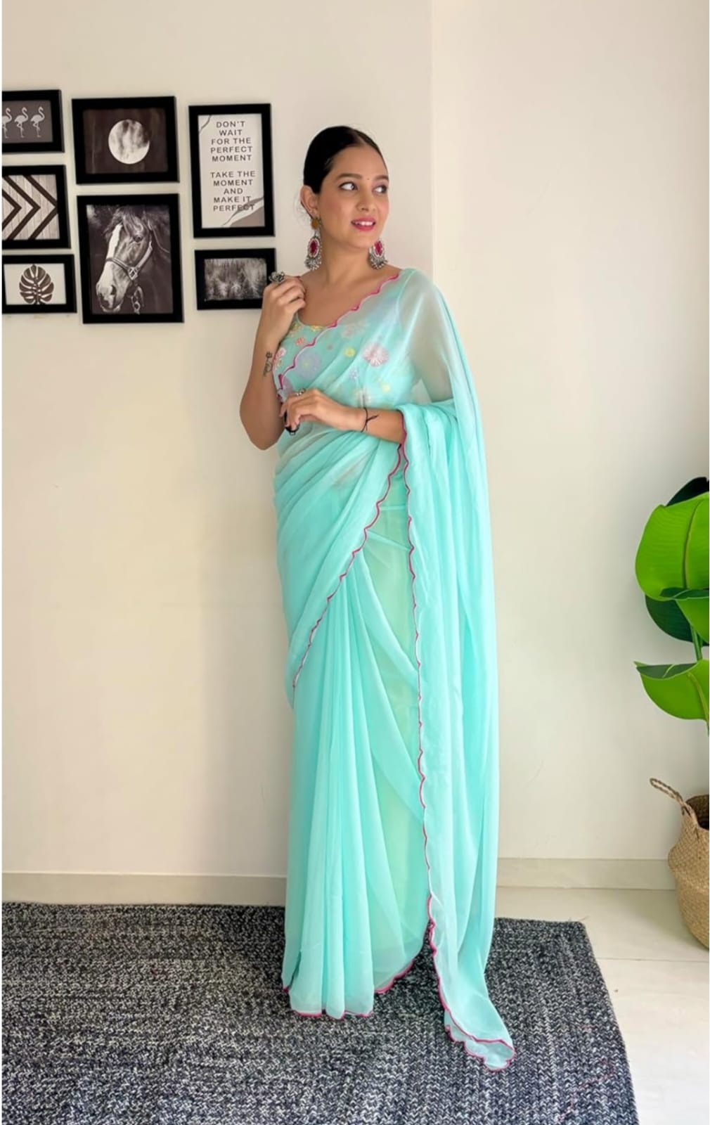 Vamika Embroidery Sky Blue Georgette Bollywood Saree - Distacart